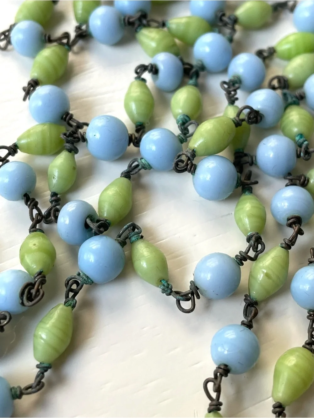 Vintage Czech style pastel blue & key lime green art glass beaded long necklace
